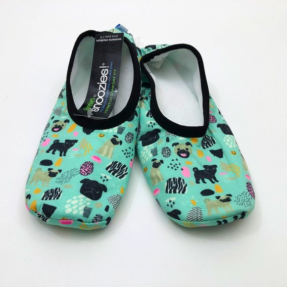 Snoozies Women's Stretch Comfort Skinnies Blue Green Dogs Slippers Size 7/8 - Picture 1 of 6